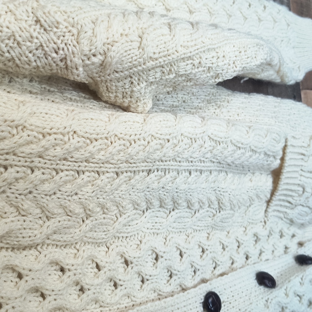 Vintage Carraig Donn 100% Wool Cream Chunky Knit Fisherman Cardigan Sz Large M - Picture 12 of 17